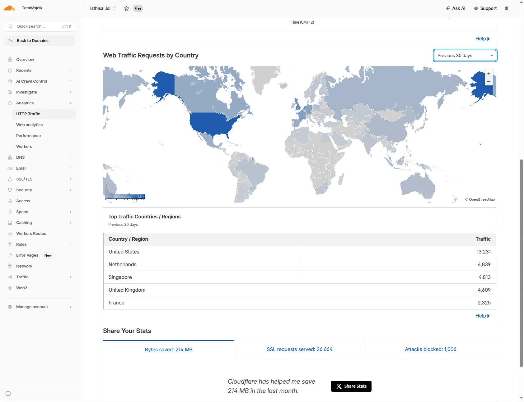 Cloudflare traffic-by-country map for isthisai.lol