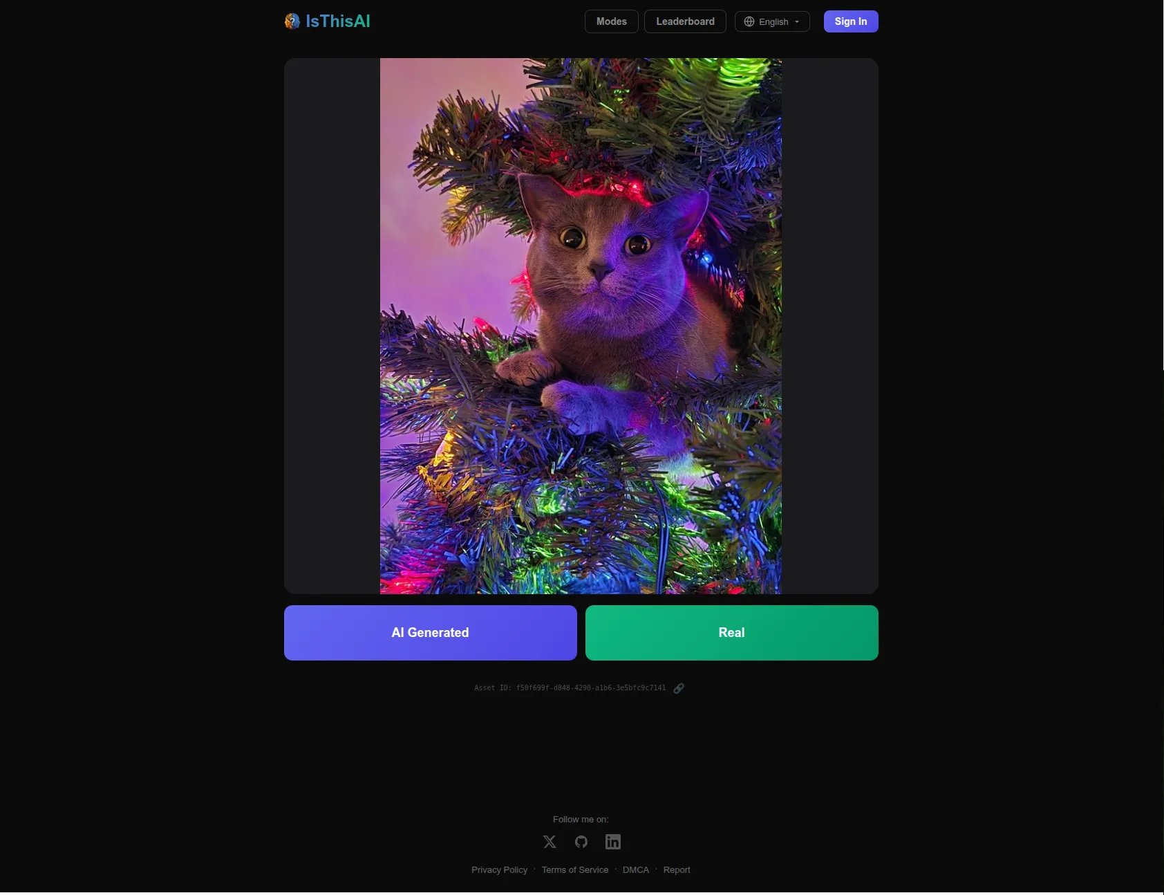 isthisai.lol gameplay: a cat in a Christmas tree, with "AI Generated" and "Real" buttons below
