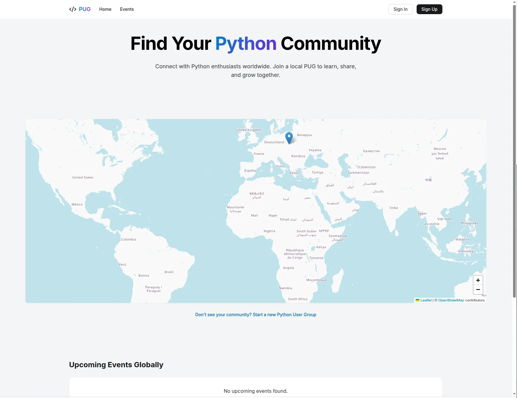 pythonuser.group homepage with a world map of communities