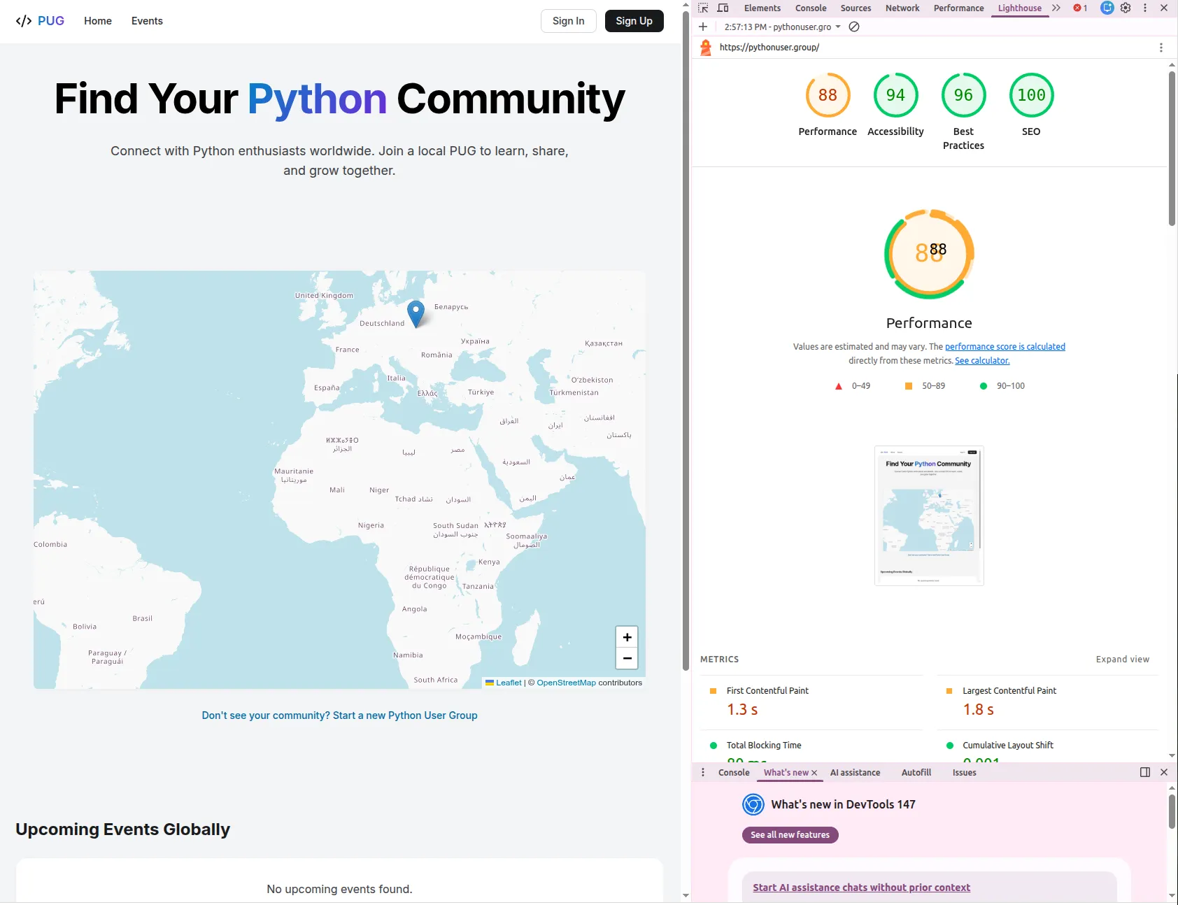 Lighthouse audit on the homepage