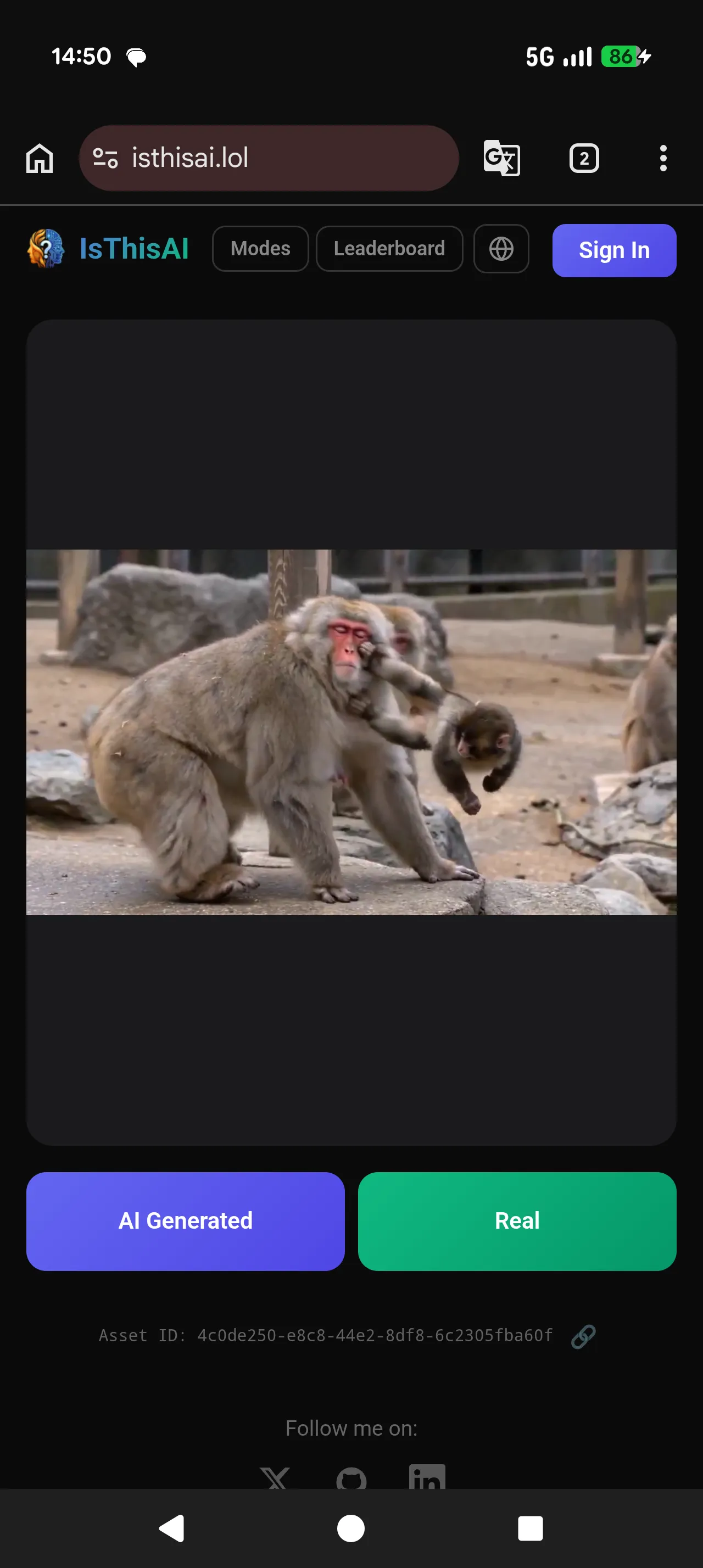 Mobile gameplay screen with monkeys and the AI/Real buttons