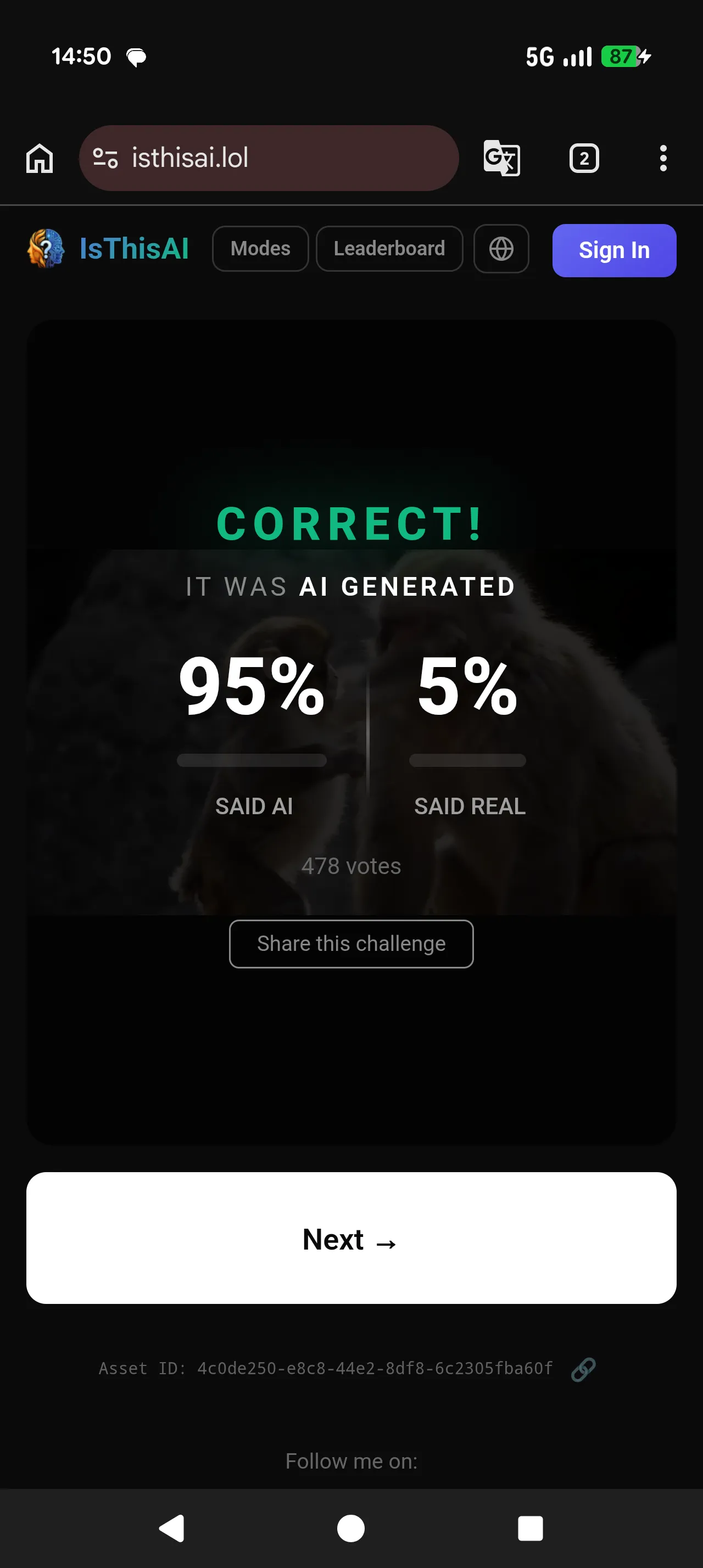 Mobile result screen: CORRECT, 95% said AI, 5% said Real, 478 votes