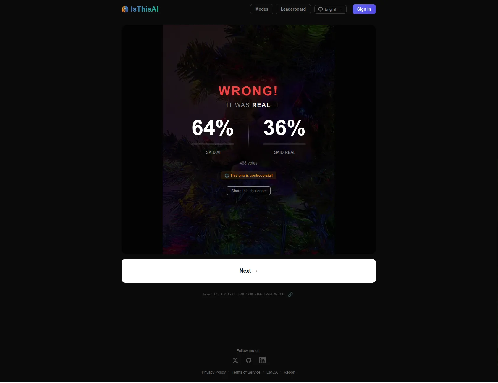 Result screen showing "WRONG! IT WAS REAL", with 64% saying AI and 36% saying Real